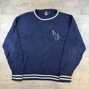 Vintage Expressions Mens Large Navy Blue Golf Embroidered Cotton Sweater